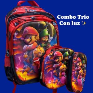 Combo Mochila Lapicera Lonchera Diseño Mario niña y niño