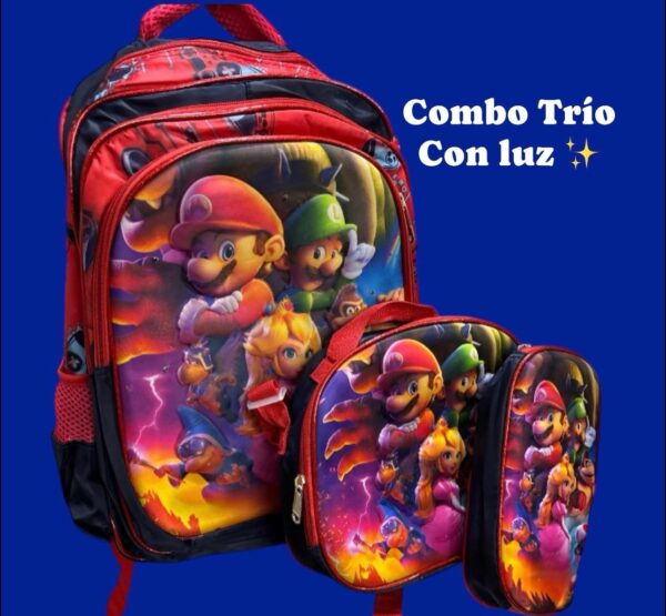 Combo Mochila Lapicera Lonchera Diseño Mario niña y niño